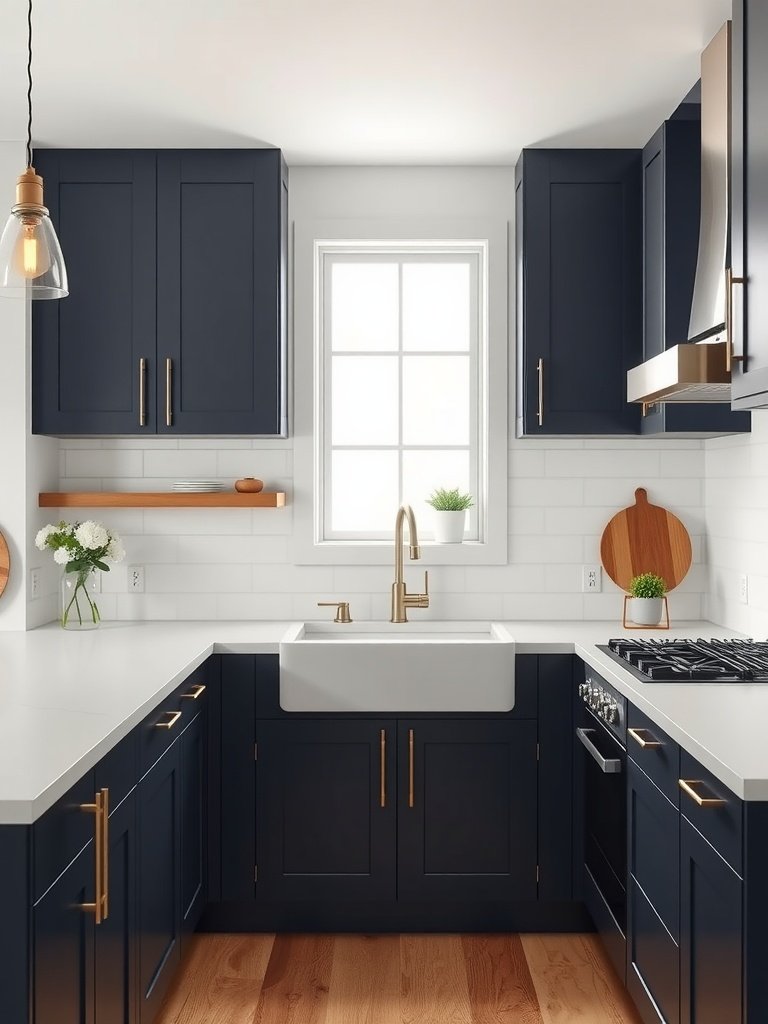 A kitchen with dark blue upper cabinets and light lower cabinets.