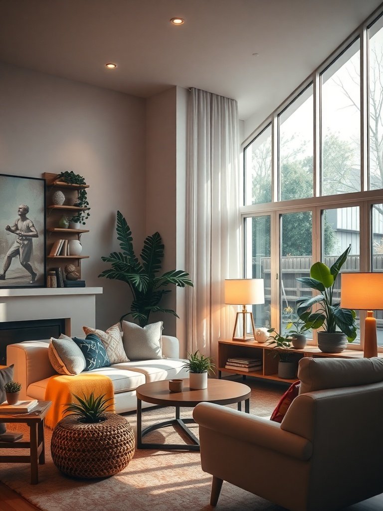 Cozy living room with large windows and soft lighting.