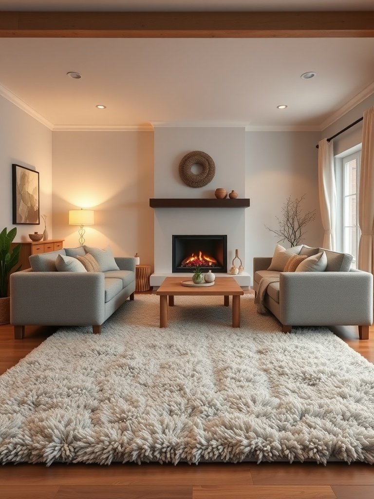 Cozy living room with a plush rug, two sofas, and a fireplace.