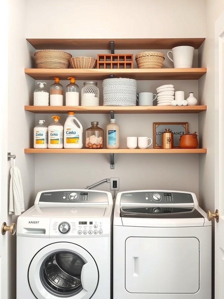 A laundry room featuring open shelving with various storage baskets and cleaning supplies.