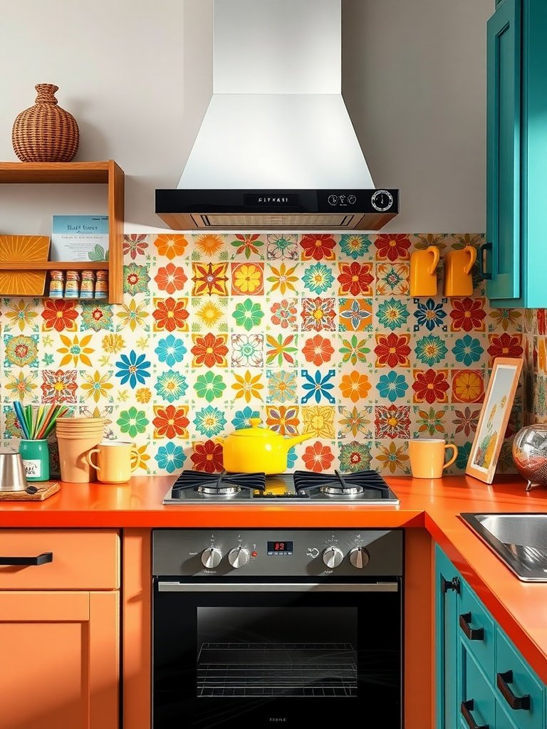 A kitchen with vibrant colored cement tiles as a backsplash, featuring flowers and geometric patterns.