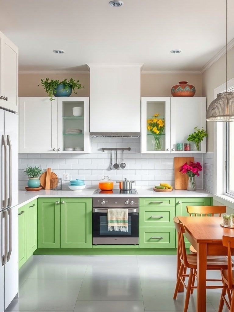 A modern kitchen featuring vibrant green and white two-tone cabinets.