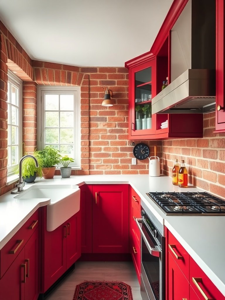 A bright red kitchen with cabinets and a tiled backsplash.