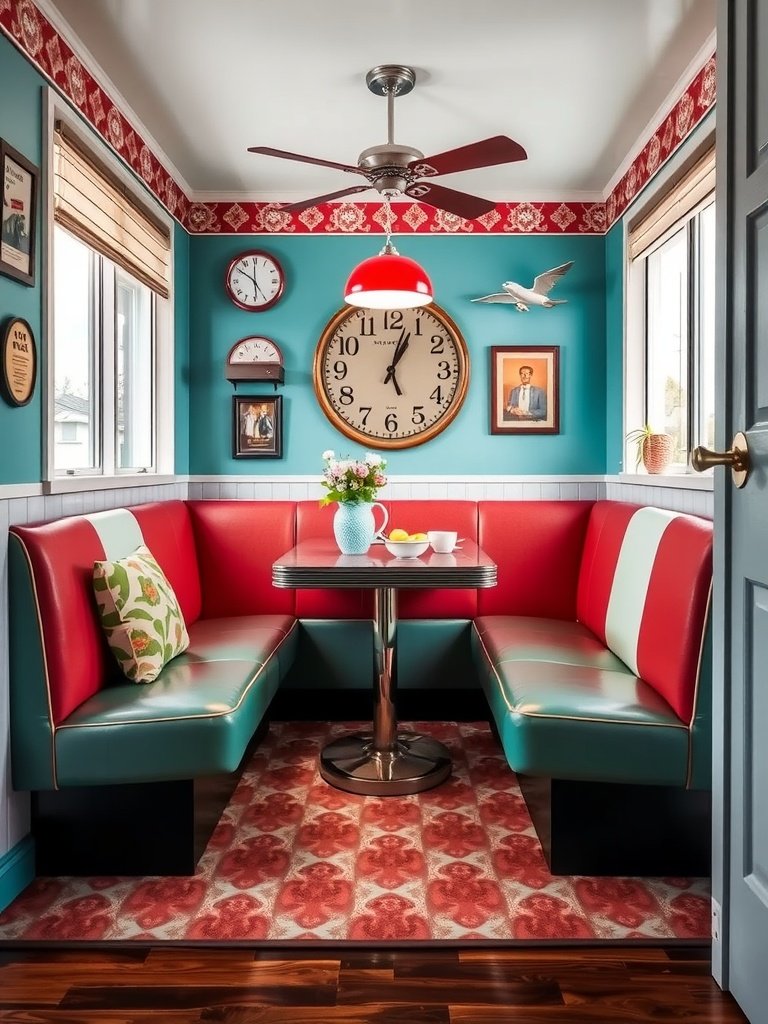 A vintage-inspired kitchen nook with red and teal decor, featuring a cozy booth, tables, and retro-style elements.