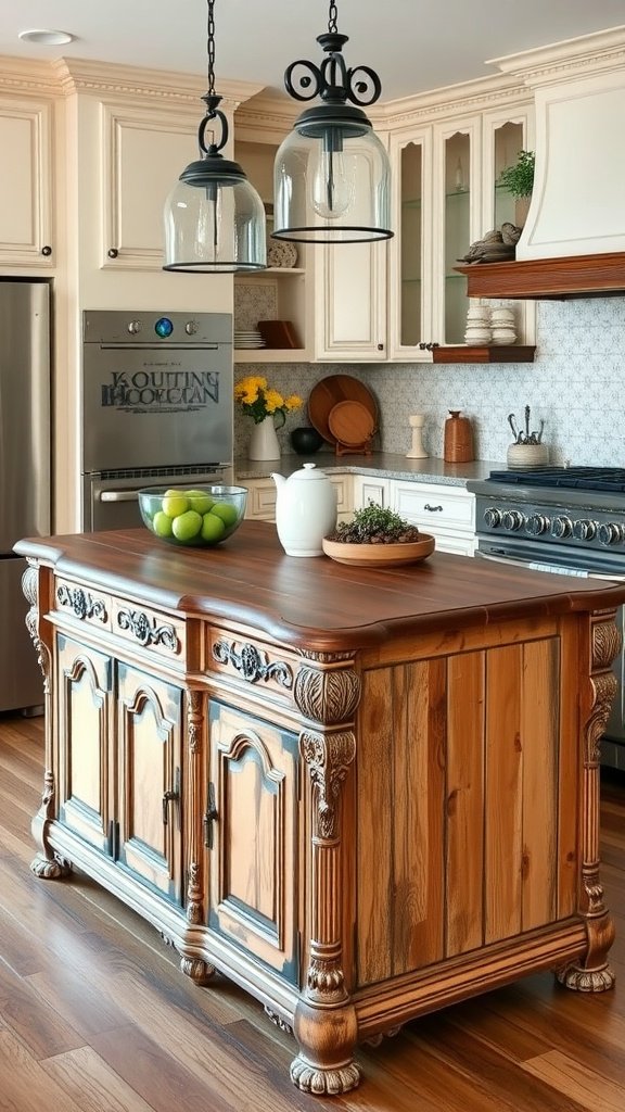 A vintage furniture piece converted into a kitchen island, featuring intricate carvings and a warm wood finish.