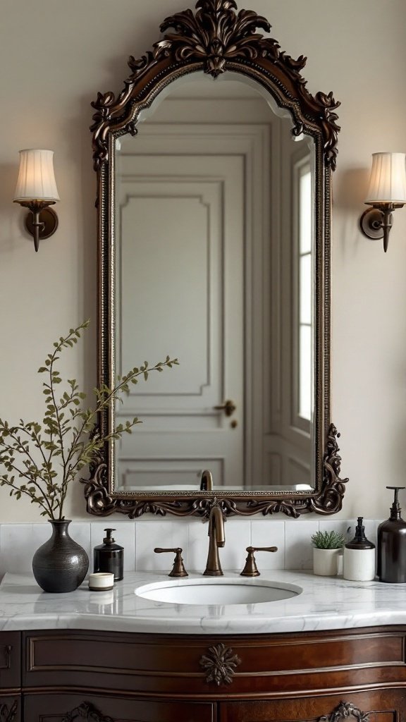 A vintage mirror with an ornate frame, reflecting the elegant bathroom decor.