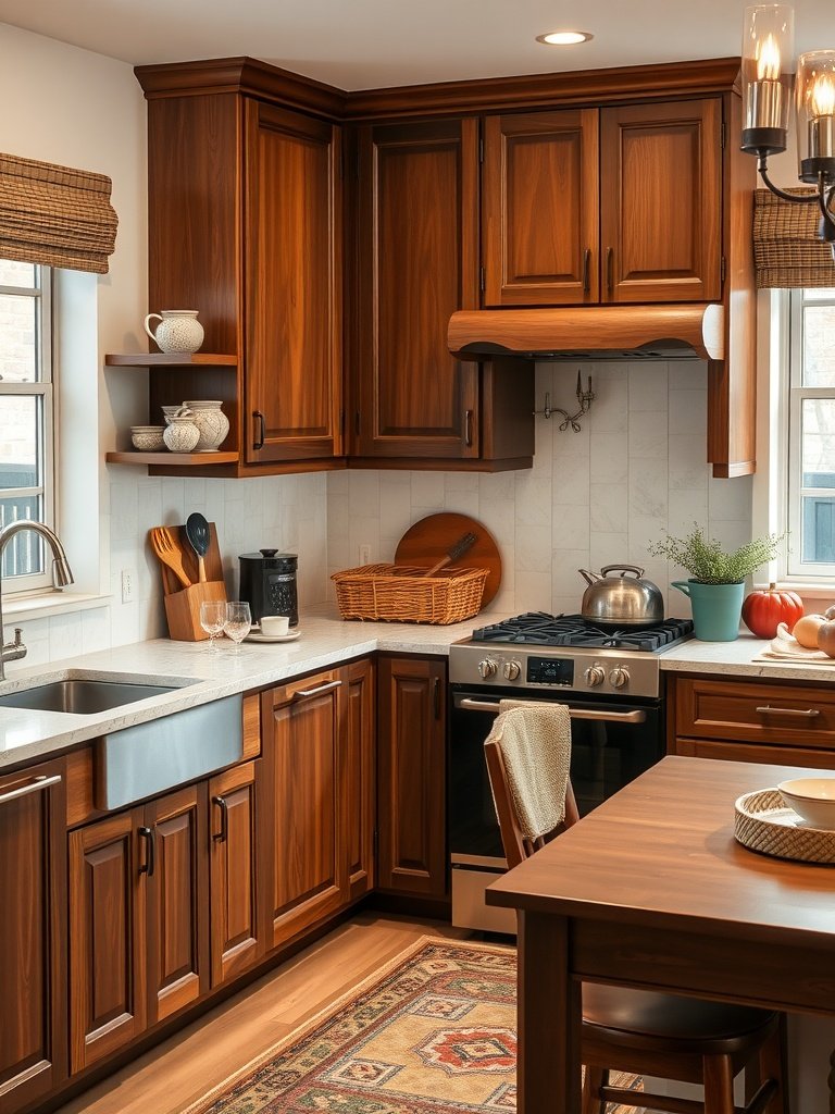A cozy kitchen featuring warm brown cabinets and chocolate tones.