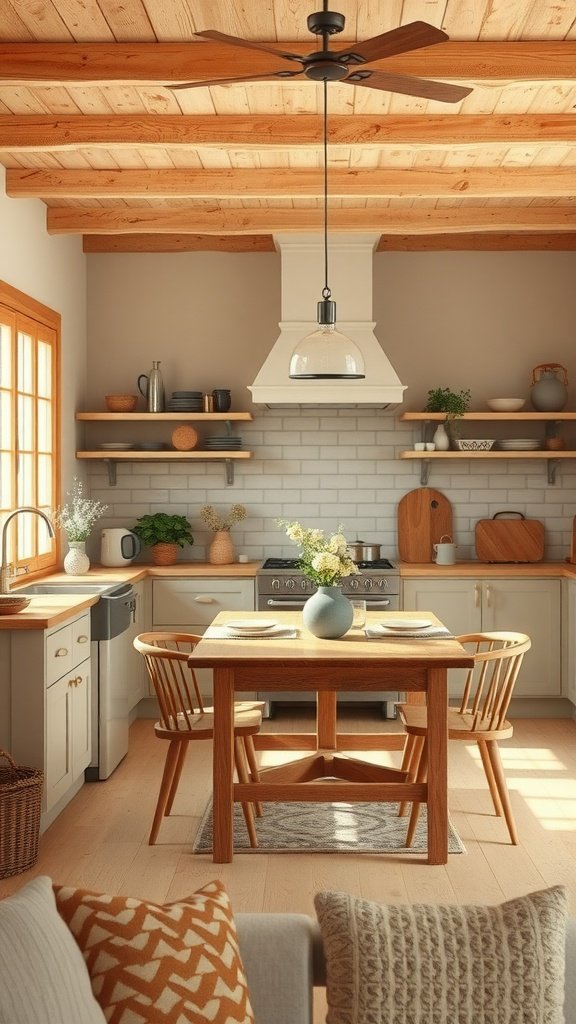 A cozy farmhouse kitchen with warm color palettes featuring wooden accents and soft lighting.
