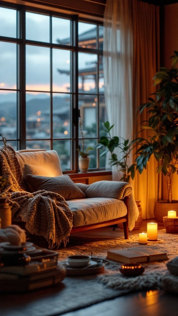 A cozy Japandi living room with warm lighting, featuring a comfortable sofa, candles, and plants.