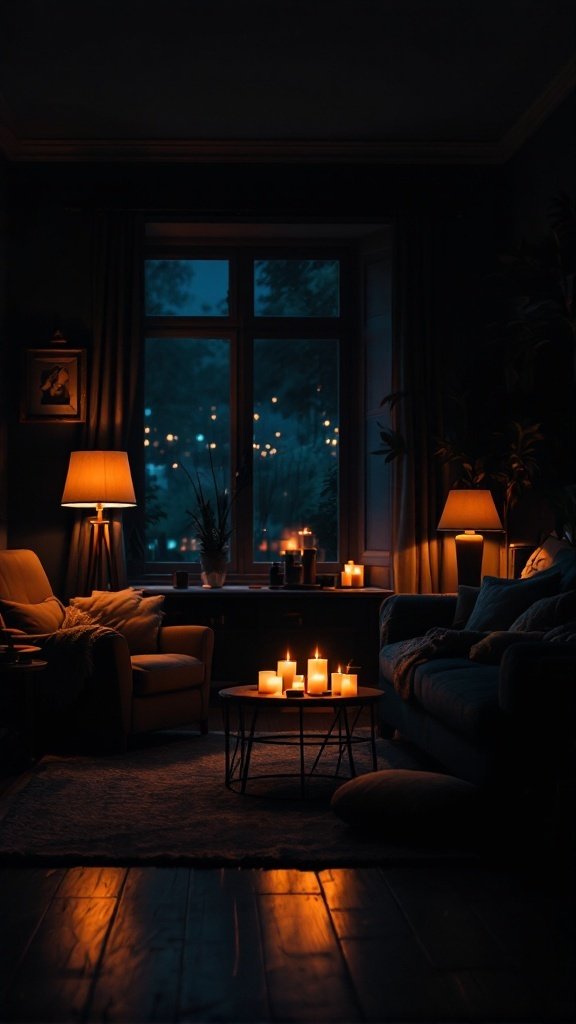 A cozy dark living room with warm lighting from lamps and candles.
