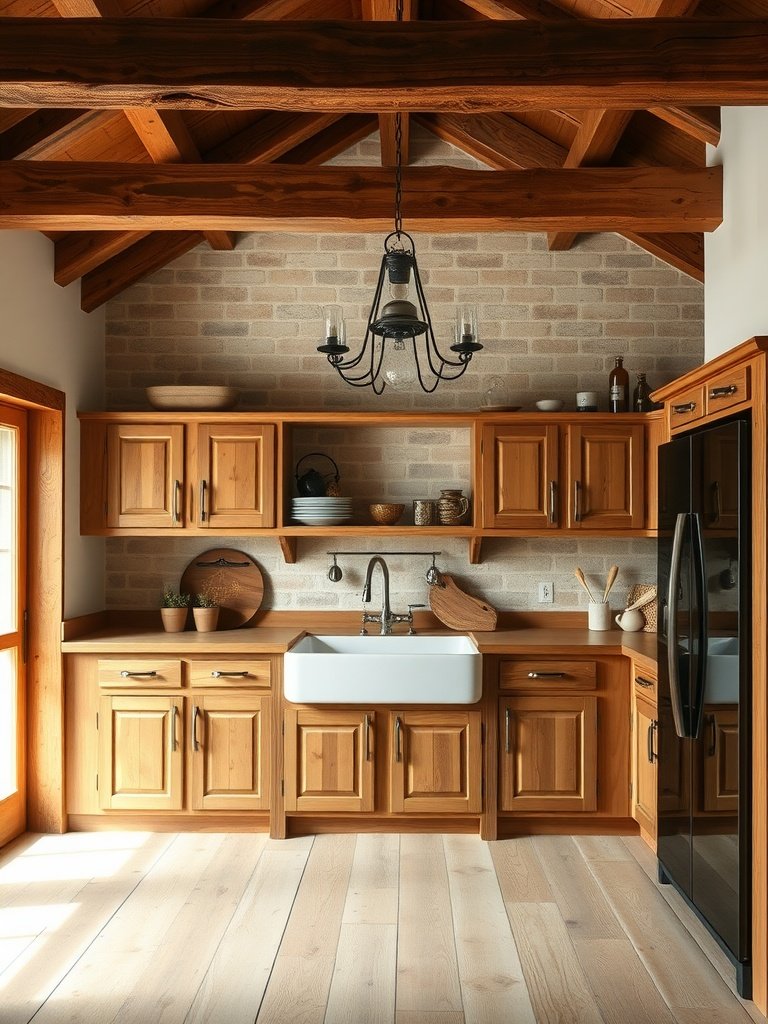 A cozy kitchen featuring warm oak cabinets with a rustic design.