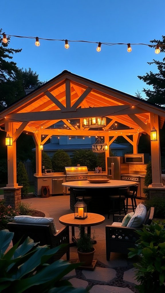 Outdoor kitchen with warm string lights and lanterns glowing in the evening.