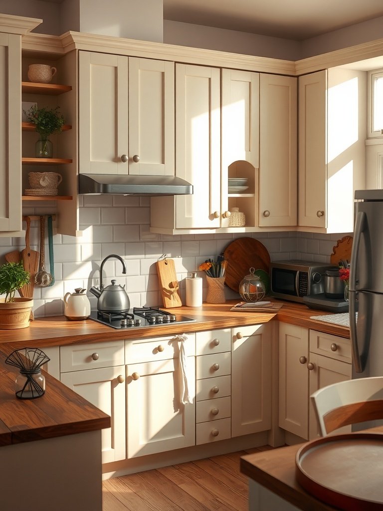 A cozy kitchen with warm white cabinets and natural wood accents.