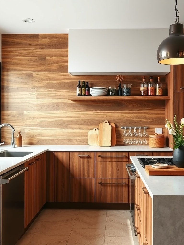 A kitchen featuring warm wood paneling with modern appliances and decor.