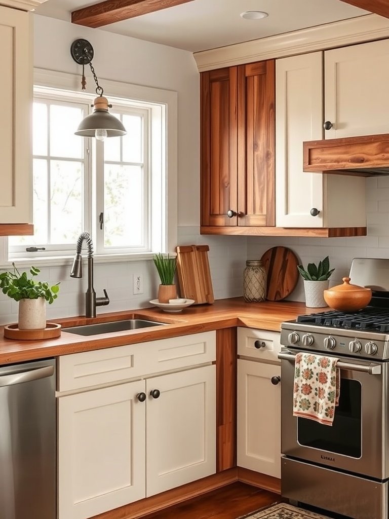 A kitchen featuring natural wood and cream two-tone cabinets, with a warm and inviting atmosphere.