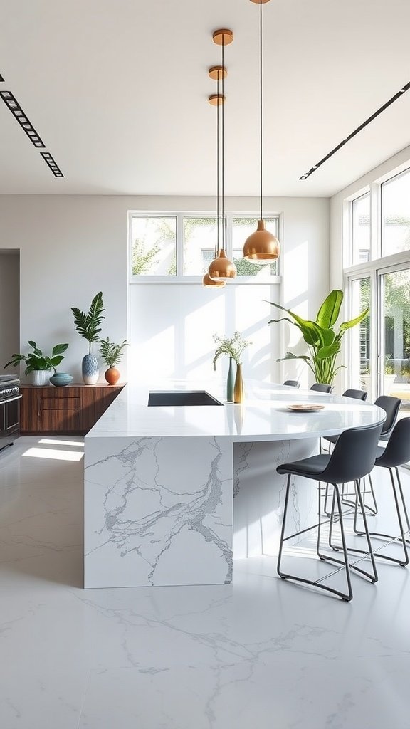 Modern kitchen featuring a waterfall edge island with marble countertop and stylish lighting.