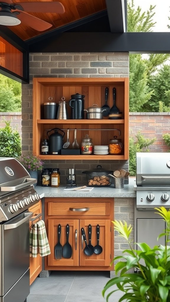 An outdoor kitchen featuring open-shelf storage with various utensils and containers.
