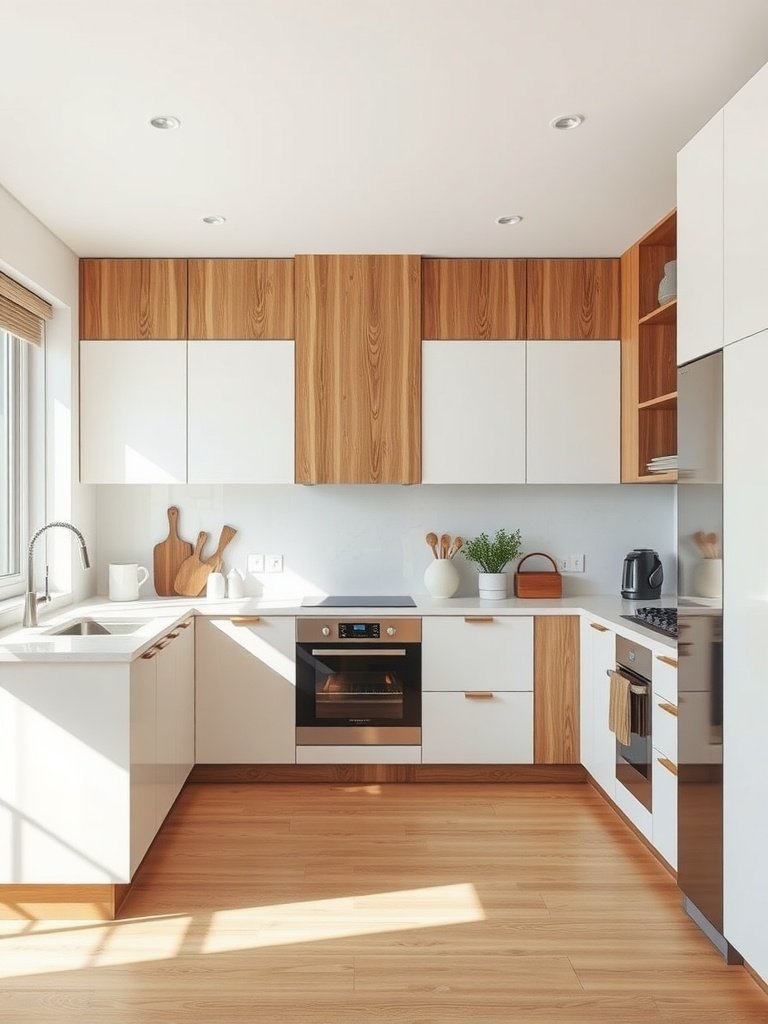 A modern kitchen featuring white cabinets and wooden accents.