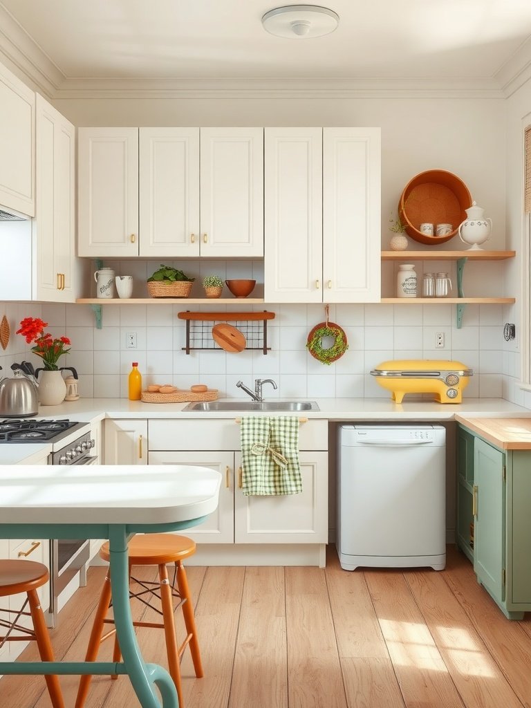 A cozy vintage-inspired white kitchen with warm wood accents and colorful appliances.