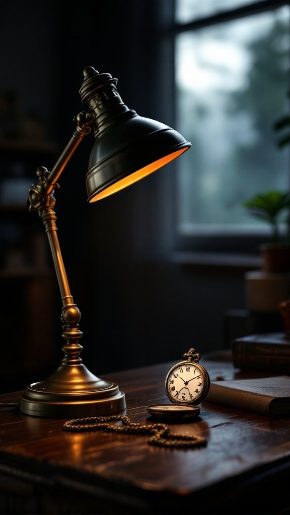 A brass desk lamp and pocket watch on a wooden desk under warm light.