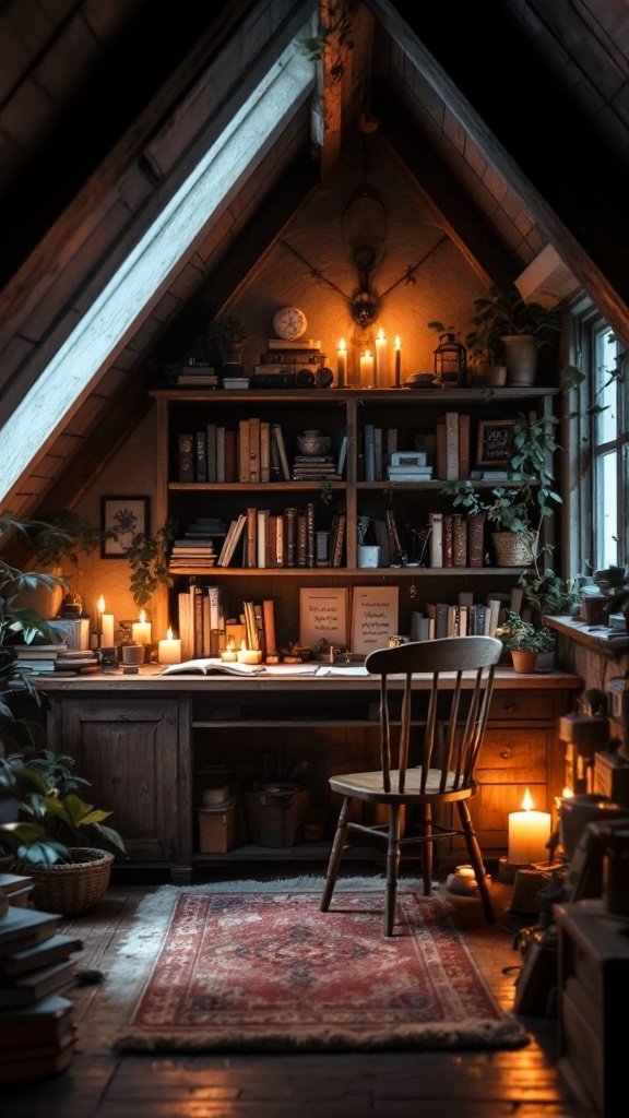 Candle-lit writing nook in an attic with a wooden desk, shelves of books, and warm lighting.