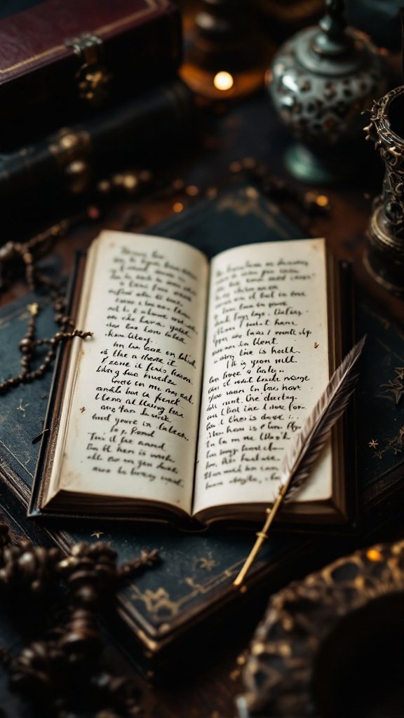 An open handwritten poetry journal on a wooden desk surrounded by a warm ambiance.