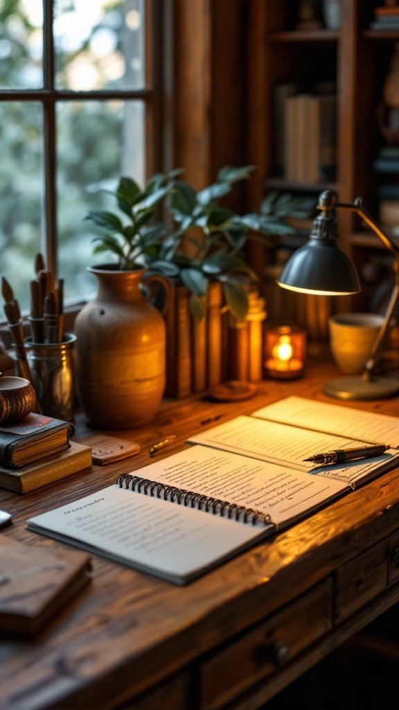 Cozy wooden writing desk illuminated by warm amber light, showcasing an open journal, brass lamp, typewriter, and dried flowers.