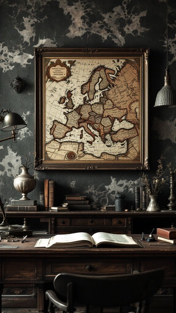 A vintage-style wall map of old Europe framed in ornate gold, displayed above a wooden writing desk.