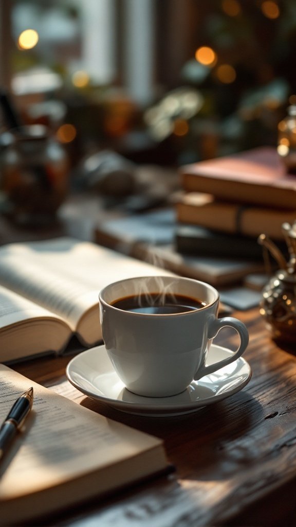 A cup of black coffee on a wooden desk, with steam rising, surrounded by books and stationery.