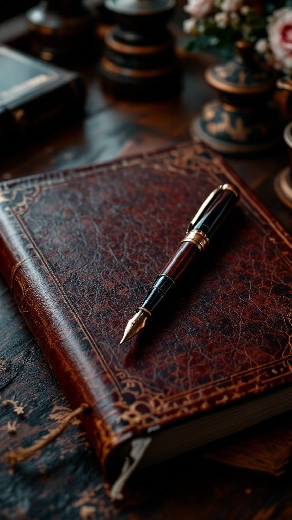 A fountain pen resting on a leather-bound planner, set against a warm, inviting background.