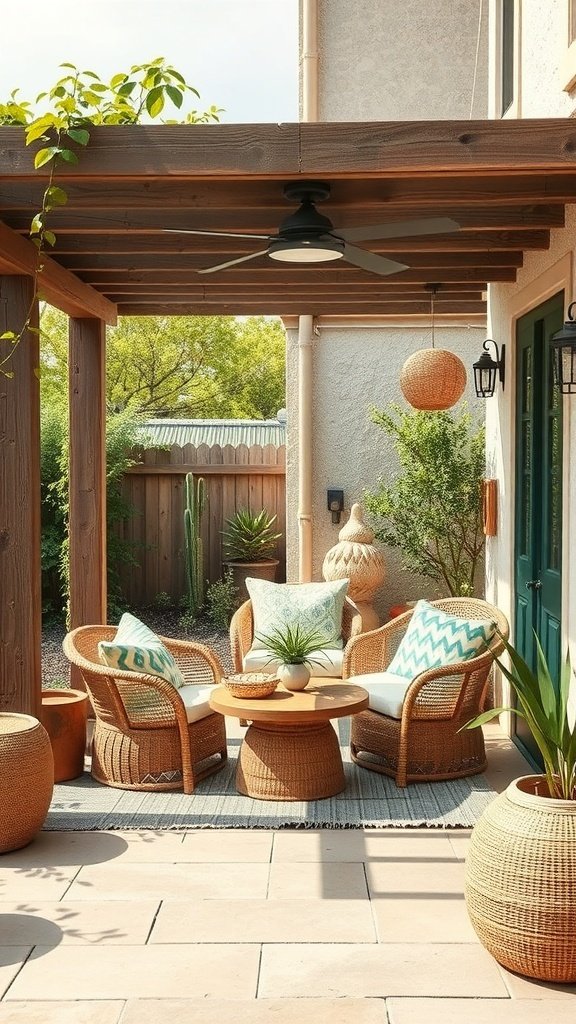 A cozy boho outdoor patio featuring rattan furniture, potted plants, and natural textiles.
