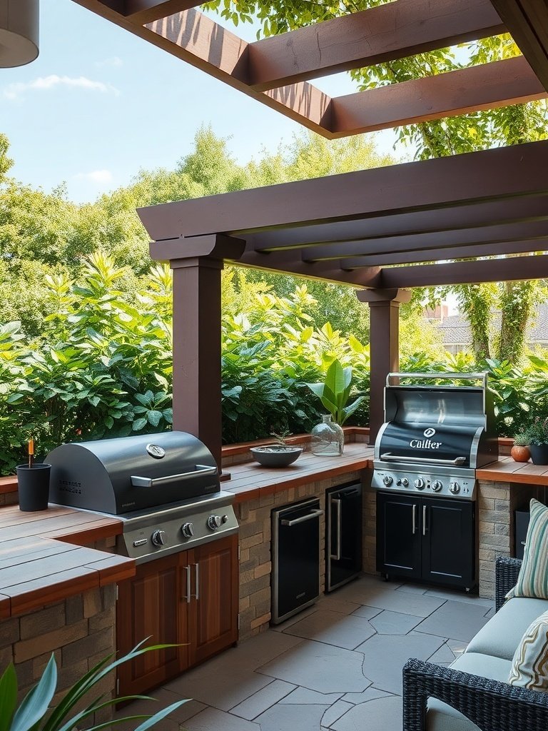 Stylish outdoor kitchen with built-in smoker and grill, featuring natural stone and wood elements.