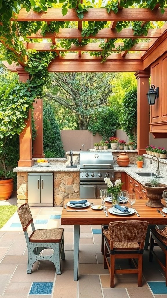 A Mediterranean outdoor kitchen featuring a wooden table, grill, and lush greenery.