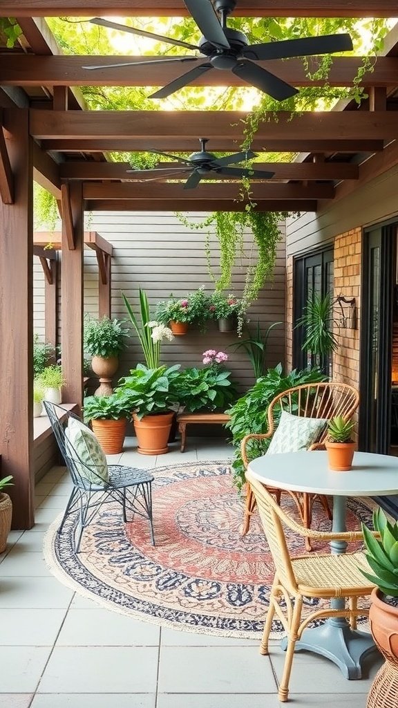 A cozy outdoor patio featuring eclectic furniture arrangements with wicker chairs, a round wooden table, and potted plants.