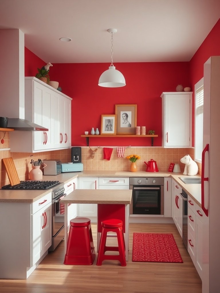 A kitchen featuring vibrant red walls and white cabinets, with red accents in stools and decor.