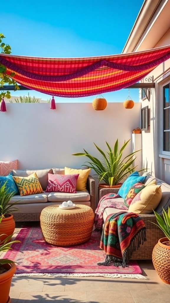 A cozy outdoor patio with colorful throw pillows and blankets, featuring a vibrant seating area and decorative plants.