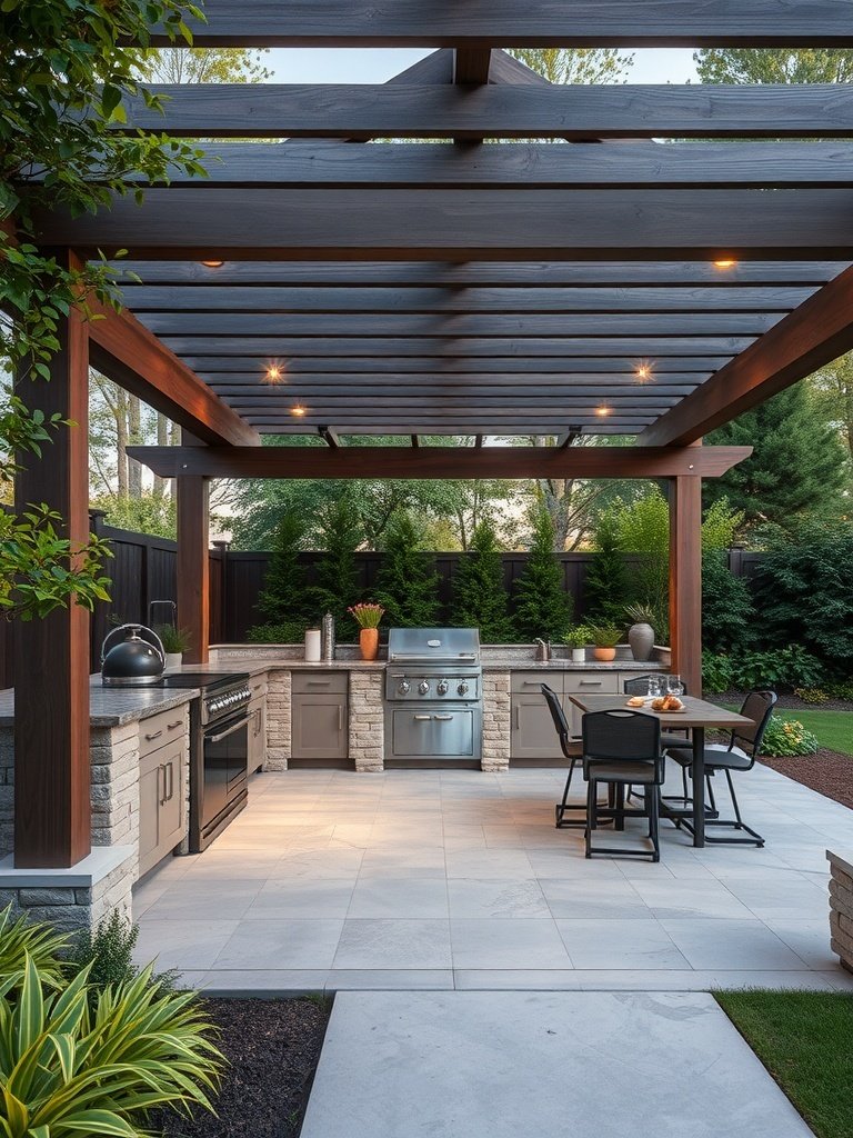 Outdoor kitchen under a covered pergola with grill and dining area