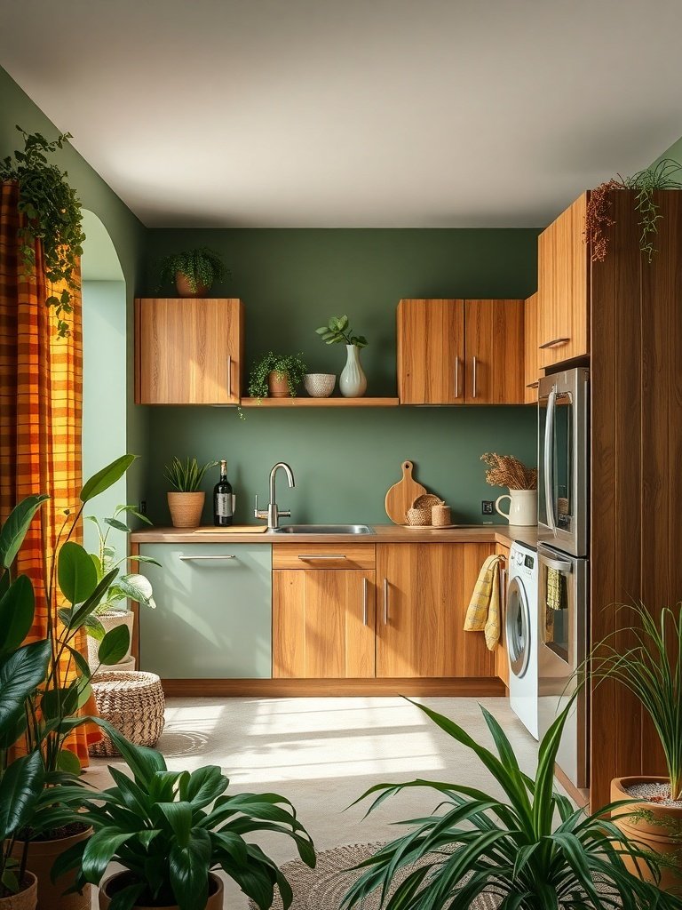 A kitchen featuring earthy tones with natural wood cabinets and green walls, adorned with plants.