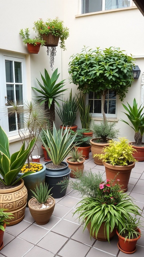 A variety of unique planters filled with different plants in an outdoor patio setting.