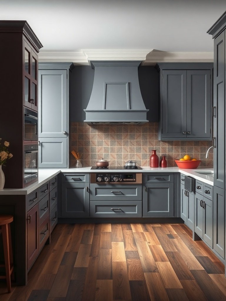 A modern kitchen featuring gray cabinets and burgundy accents, with wooden flooring.