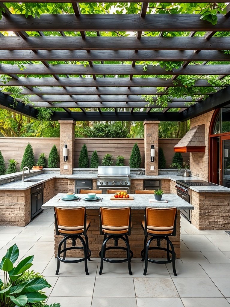 An outdoor kitchen with a pergola, modern appliances, and seating, surrounded by greenery.