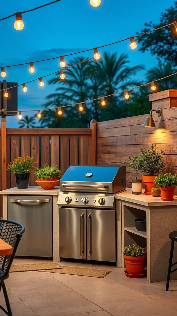 A compact outdoor grill station with plants and string lights.