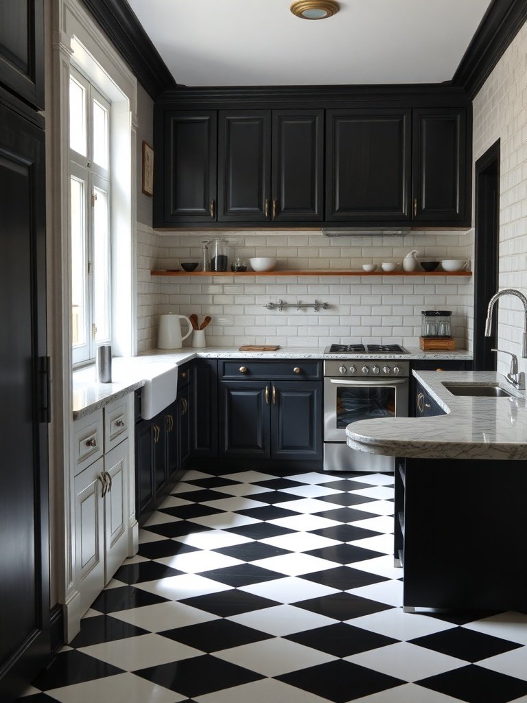 A kitchen featuring a classic black and white checkerboard floor with dark cabinetry and light countertops.