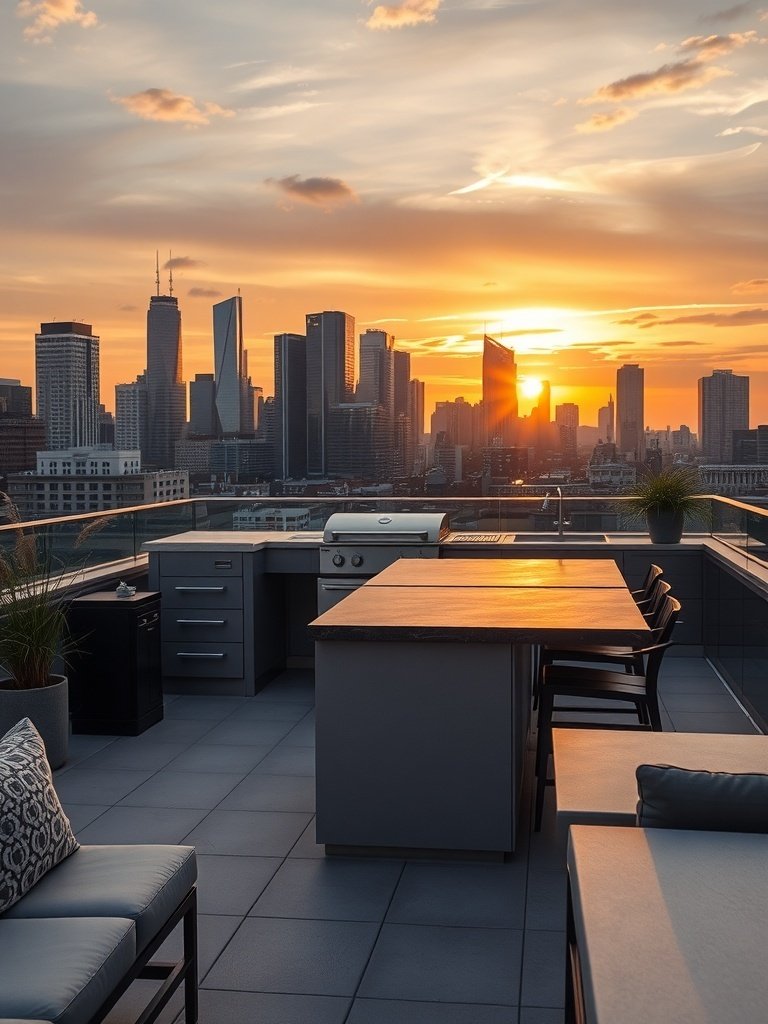 A modern urban rooftop outdoor kitchen with a city skyline view at sunset.