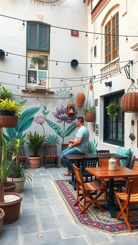 A cozy outdoor patio featuring a vibrant wall mural of plants and flowers, wooden furniture, and hanging plants.