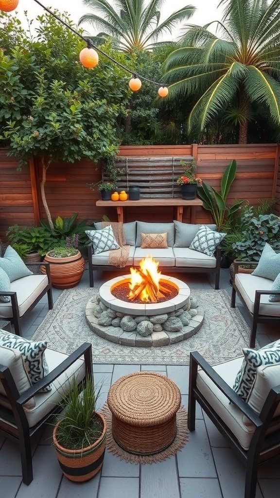 A cozy outdoor patio featuring a circular fire pit surrounded by comfortable seating and greenery.