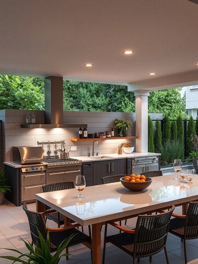 A modern outdoor kitchen featuring smart technology, sleek appliances, and a dining area surrounded by greenery.