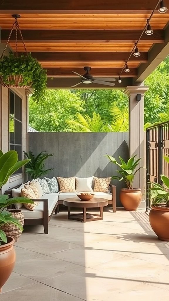 A cozy outdoor patio nook with a sofa, cushions, and potted plants under a wooden ceiling.