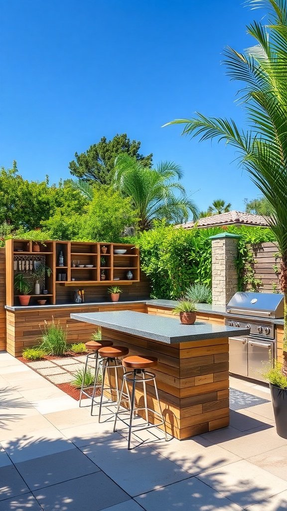 An outdoor kitchen featuring a bar with stools, a grill, and a clear blue sky.