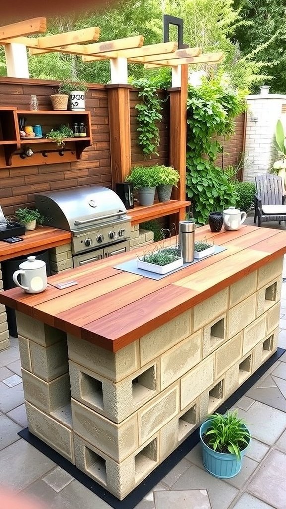A DIY outdoor kitchen made of cinder blocks with a wooden countertop and potted plants.